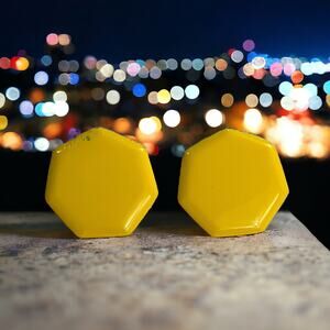 Vintage Yellow Hexagon Metal Clip-On Stud Button Earrings - Retro 80s